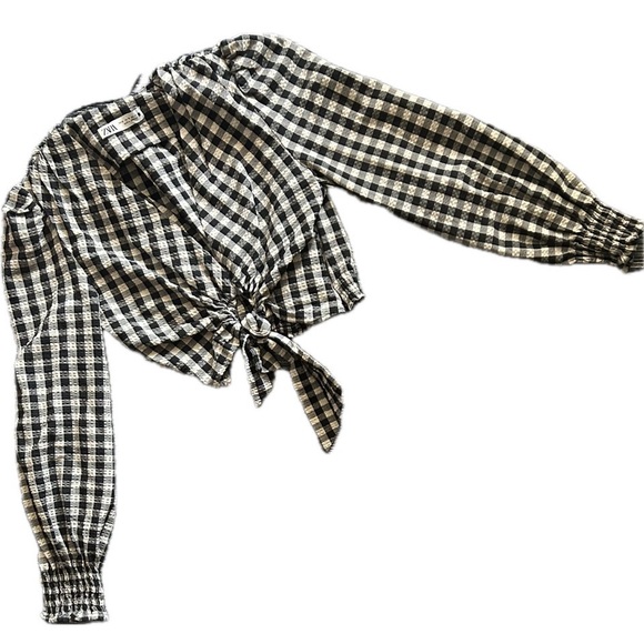 Zara XS Seersucker Gingham Cropped Long Sleeved Front Tie Blouse Black and White - Picture 2 of 7